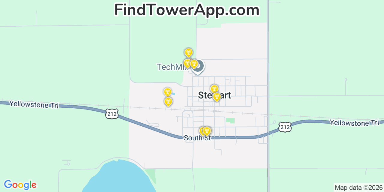 Map showing the 20 primary cell tower locations detected in Young America (Historical), Minnesota from AT&T, Verizon, and T-Mobile networks