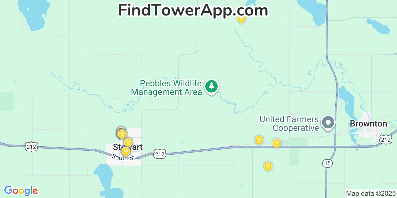 Map showing the 22 primary T-Mobile cell tower locations detected in Young America (Historical), Minnesota with coverage radius and signal strength indicators