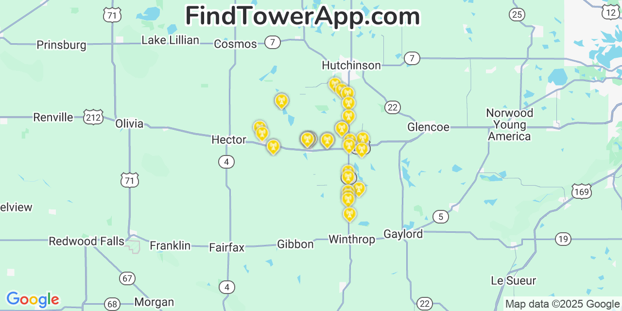 Map showing the 34 primary Verizon cell tower locations detected in Young America (Historical), Minnesota with coverage radius and signal strength indicators