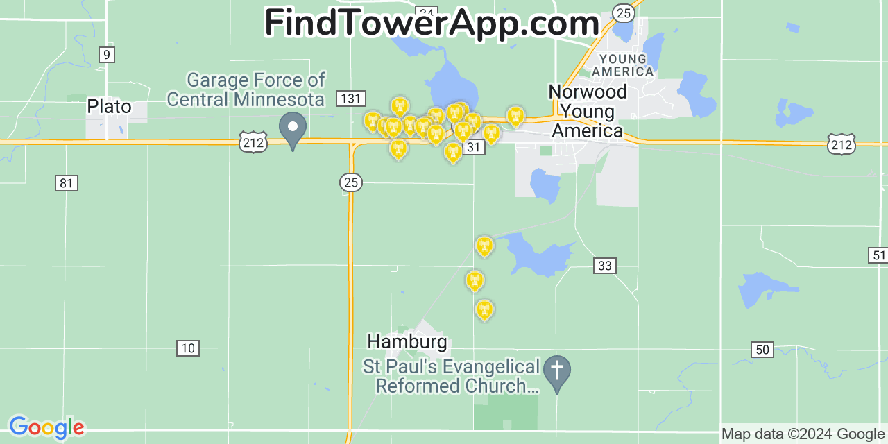 AT&T 4G/5G cell tower coverage map Young America (historical), Minnesota