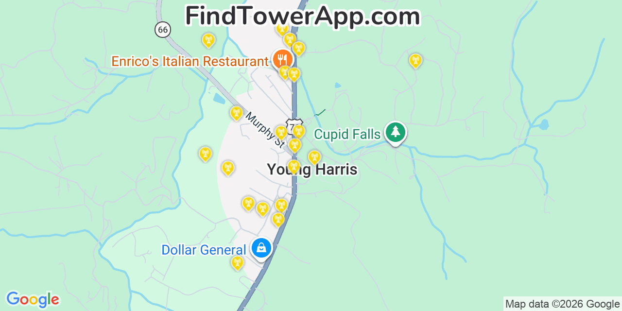 Map showing the 20 primary cell tower locations detected in Young Harris, Georgia from AT&T, Verizon, and T-Mobile networks