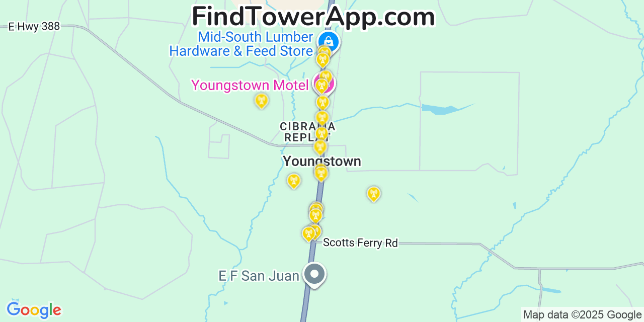 Map showing the 20 primary cell tower locations detected in Youngstown, Florida from AT&T, Verizon, and T-Mobile networks