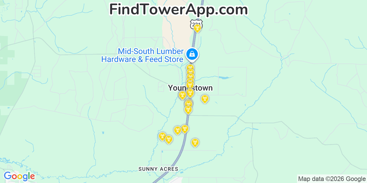 Map showing the 20 primary cell tower locations detected in Youngstown, Florida from AT&T, Verizon, and T-Mobile networks