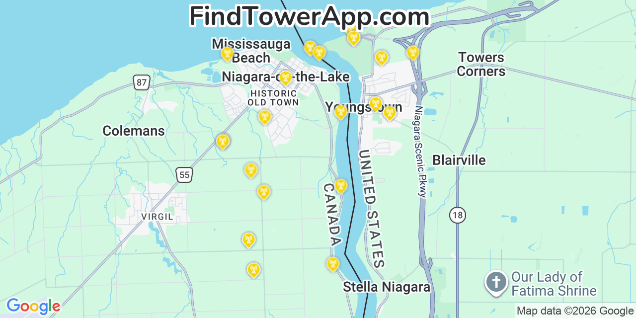 Map showing the 20 primary cell tower locations detected in Youngstown, New York from AT&T, Verizon, and T-Mobile networks