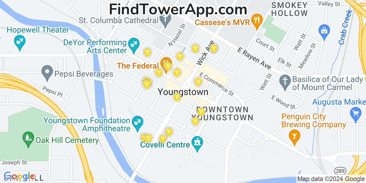 AT&T 4G/5G cell tower coverage map Youngstown, Ohio