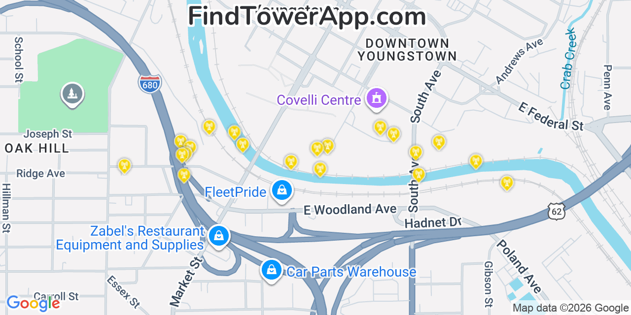 Map showing the 20 primary cell tower locations detected in Youngstown, Ohio from AT&T, Verizon, and T-Mobile networks