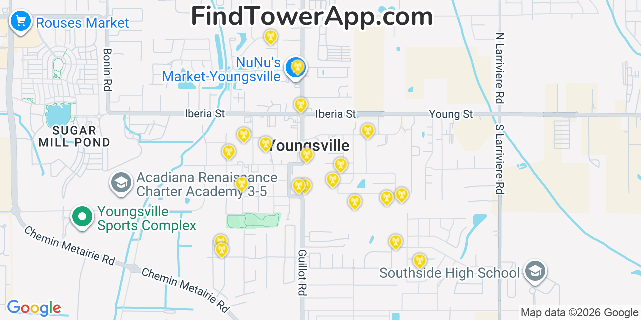 Map showing the 20 primary cell tower locations detected in Youngsville, Louisiana from AT&T, Verizon, and T-Mobile networks