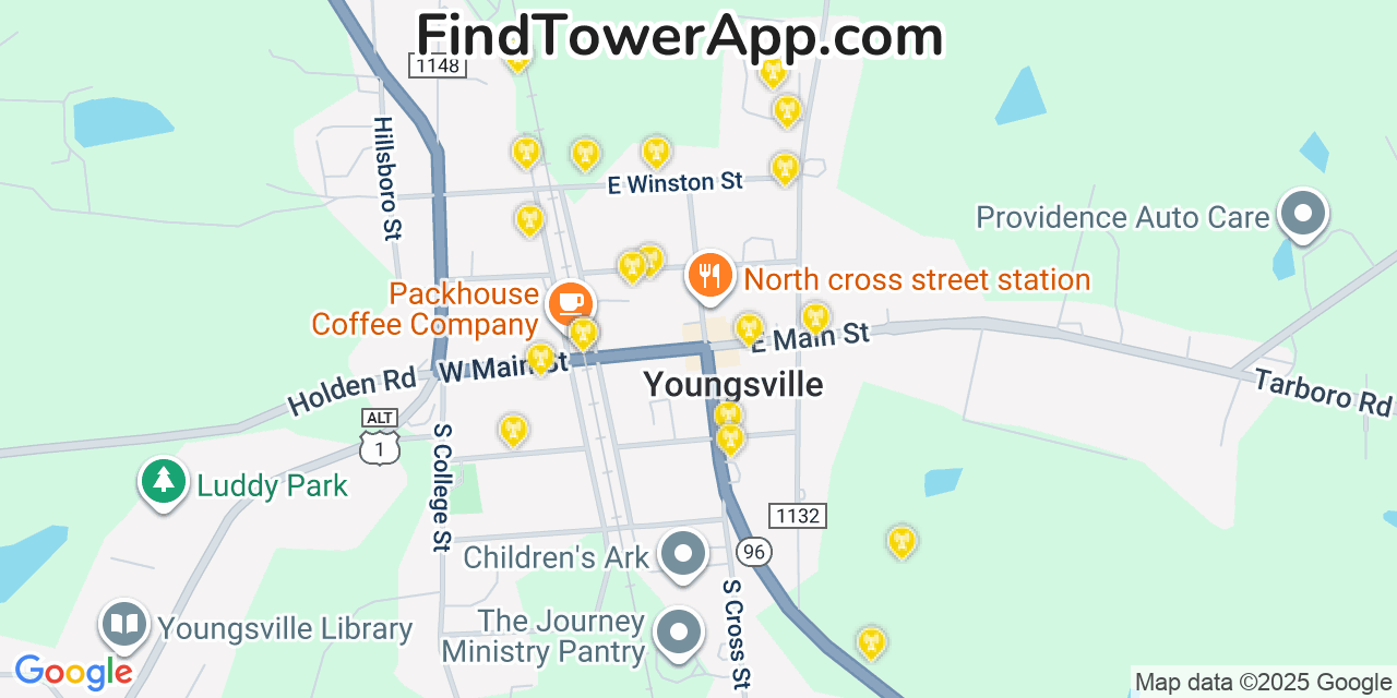 Map showing the 20 primary cell tower locations detected in Youngsville, North Carolina from AT&T, Verizon, and T-Mobile networks