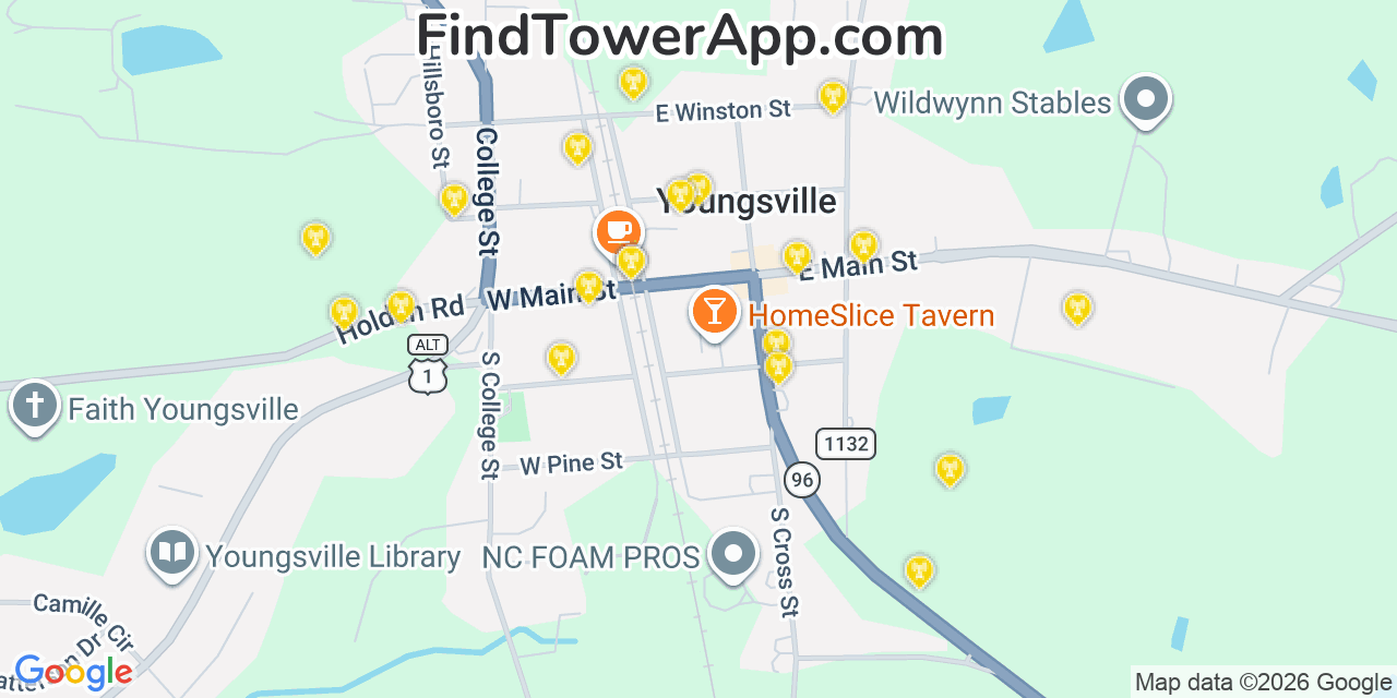 Map showing the 20 primary cell tower locations detected in Youngsville, North Carolina from AT&T, Verizon, and T-Mobile networks