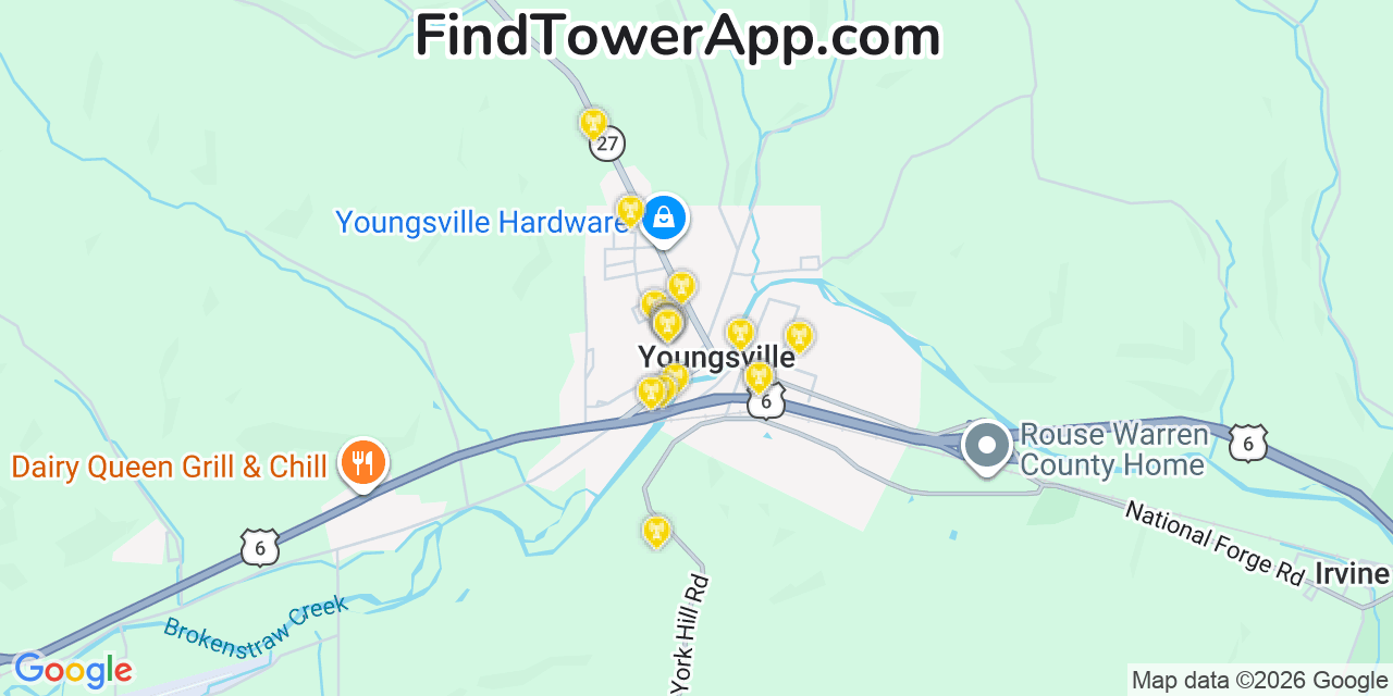 Map showing the 20 primary cell tower locations detected in Youngsville, Pennsylvania from AT&T, Verizon, and T-Mobile networks