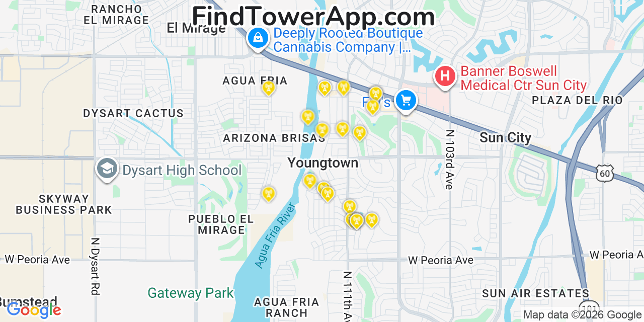 Map showing the 20 primary cell tower locations detected in Youngtown, Arizona from AT&T, Verizon, and T-Mobile networks