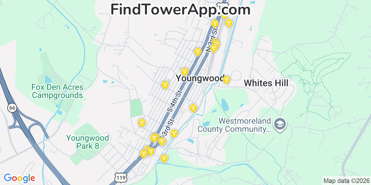 Map showing the 20 primary cell tower locations detected in Youngwood, Pennsylvania from AT&T, Verizon, and T-Mobile networks
