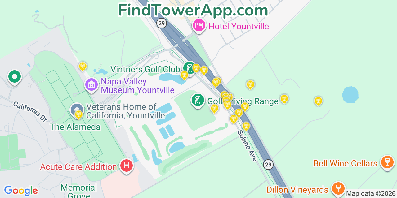 Map showing the 20 primary cell tower locations detected in Yountville, California from AT&T, Verizon, and T-Mobile networks