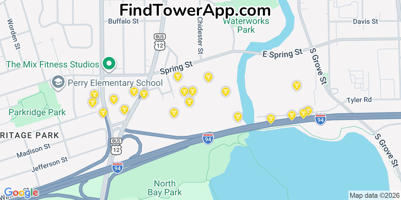Map showing the 20 primary cell tower locations detected in Ypsilanti, Michigan from AT&T, Verizon, and T-Mobile networks