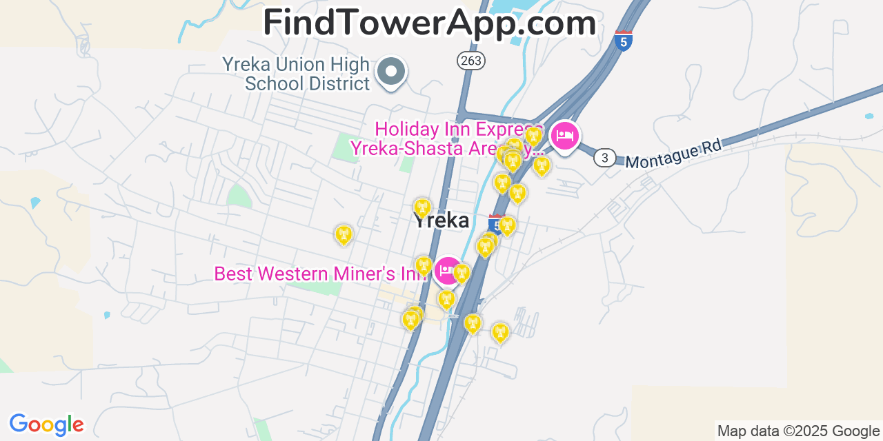 Map showing the 20 primary cell tower locations detected in Yreka, California from AT&T, Verizon, and T-Mobile networks