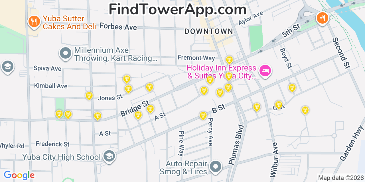 Map showing the 20 primary cell tower locations detected in Yuba City, California from AT&T, Verizon, and T-Mobile networks