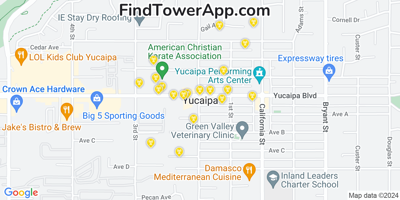 AT&T 4G/5G cell tower coverage map Yucaipa, California