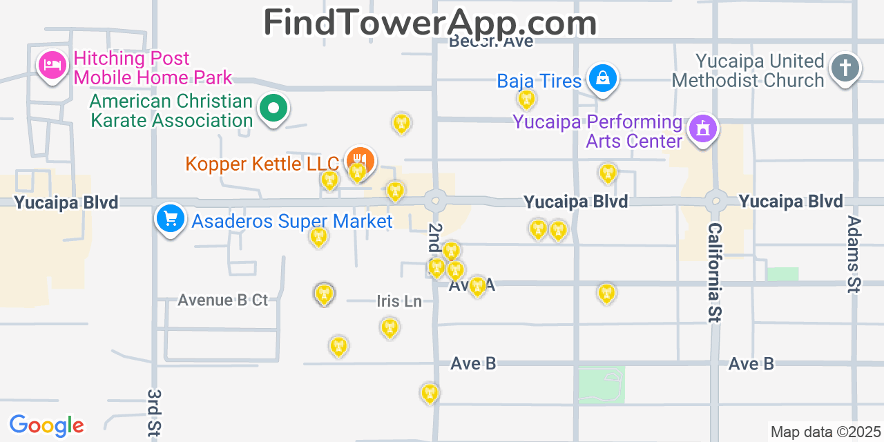 Map showing the 20 primary cell tower locations detected in Yucaipa, California from AT&T, Verizon, and T-Mobile networks