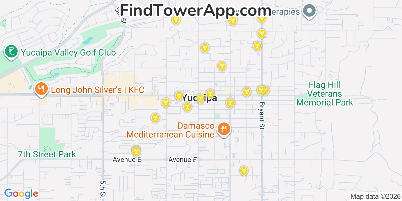 Map showing the 20 primary cell tower locations detected in Yucaipa, California from AT&T, Verizon, and T-Mobile networks