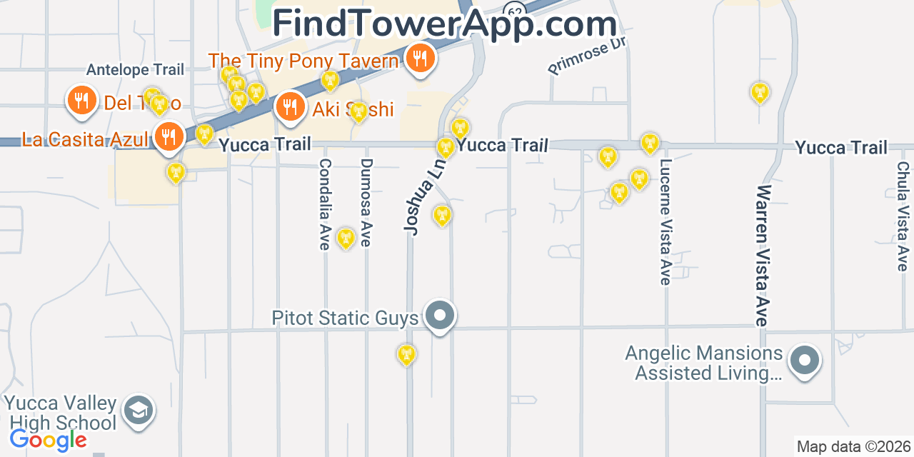 Map showing the 20 primary cell tower locations detected in Yucca Valley, California from AT&T, Verizon, and T-Mobile networks