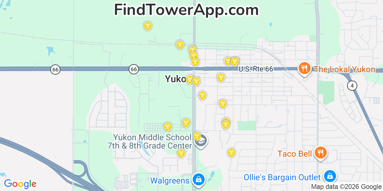 Map showing the 20 primary cell tower locations detected in Yukon, Oklahoma from AT&T, Verizon, and T-Mobile networks