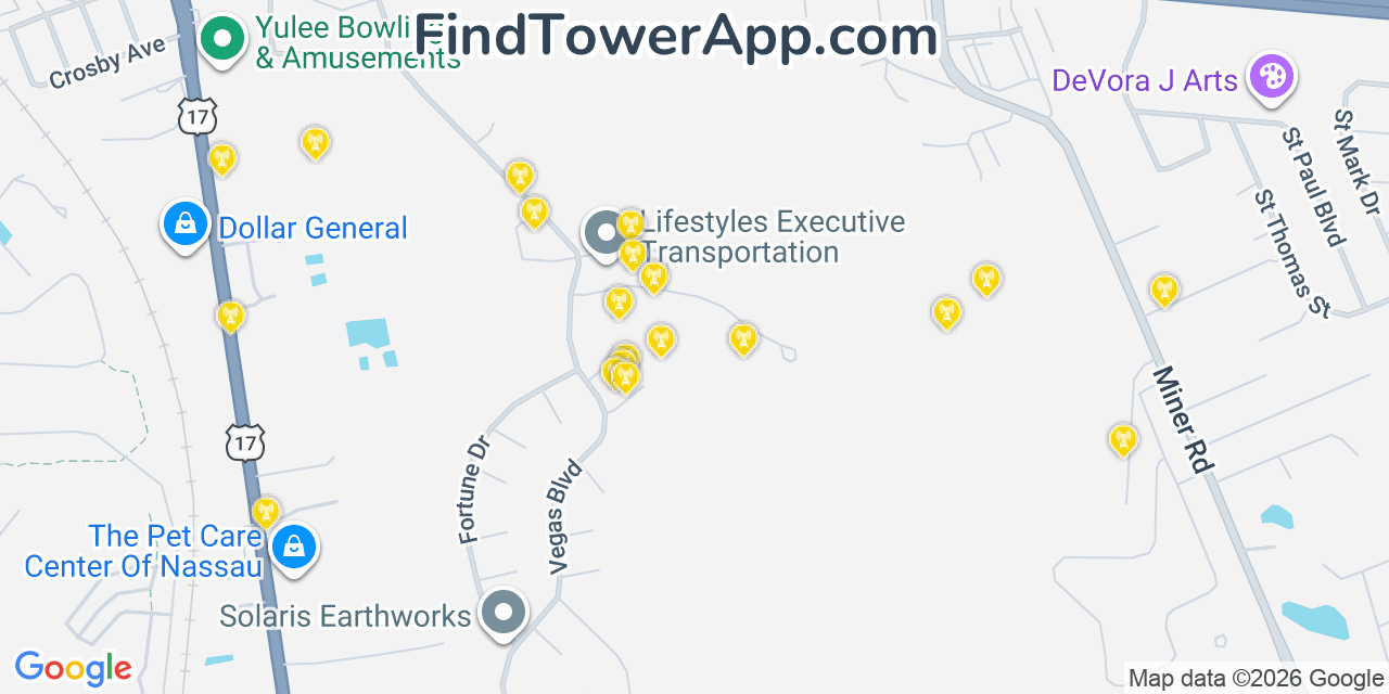 Map showing the 20 primary cell tower locations detected in Yulee, Florida from AT&T, Verizon, and T-Mobile networks