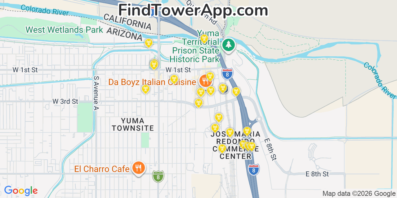 Map showing the 20 primary cell tower locations detected in Yuma, Arizona from AT&T, Verizon, and T-Mobile networks