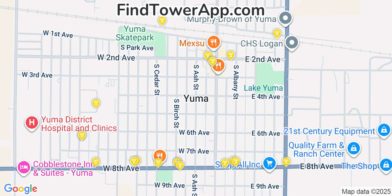 Map showing the 20 primary cell tower locations detected in Yuma, Colorado from AT&T, Verizon, and T-Mobile networks