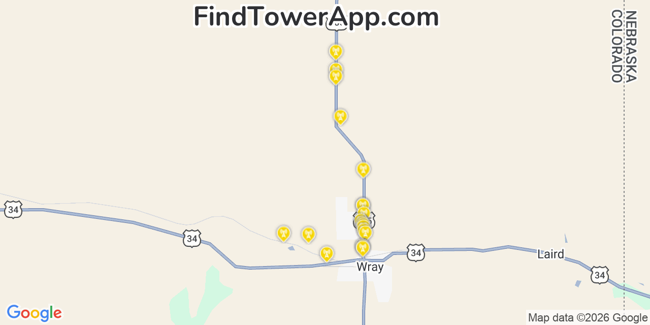 Map showing the 20 primary cell tower locations detected in Yuma, Colorado from AT&T, Verizon, and T-Mobile networks
