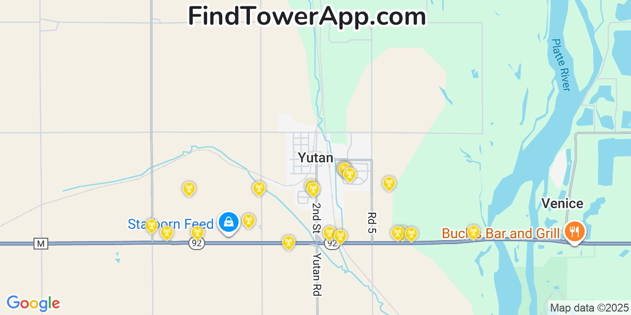 Map showing the 20 primary cell tower locations detected in Yutan, Nebraska from AT&T, Verizon, and T-Mobile networks