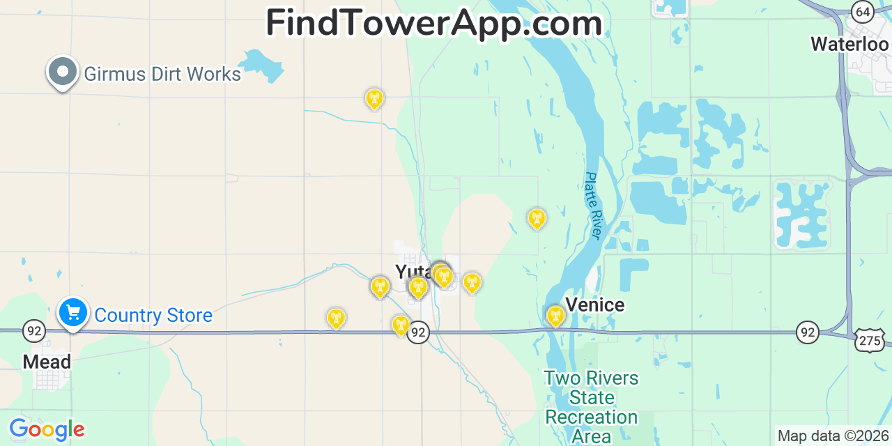 Map showing the 20 primary cell tower locations detected in Yutan, Nebraska from AT&T, Verizon, and T-Mobile networks