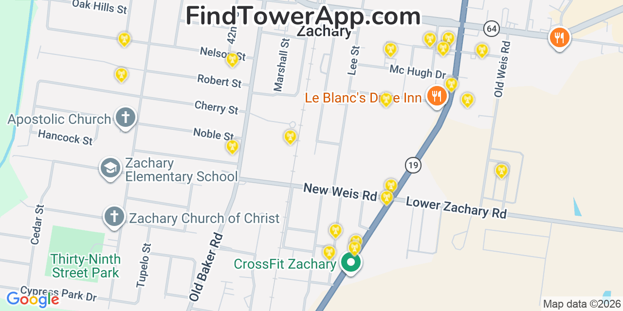 Map showing the 20 primary cell tower locations detected in Zachary, Louisiana from AT&T, Verizon, and T-Mobile networks