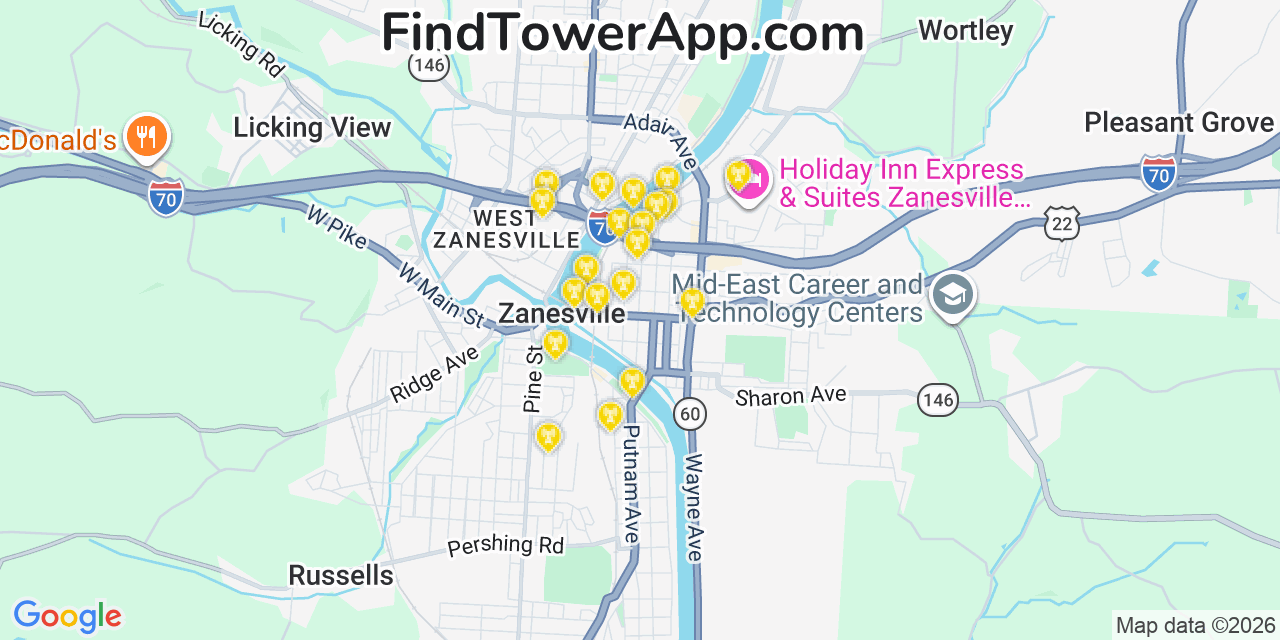 Map showing the 20 primary cell tower locations detected in Zanesville, Ohio from AT&T, Verizon, and T-Mobile networks