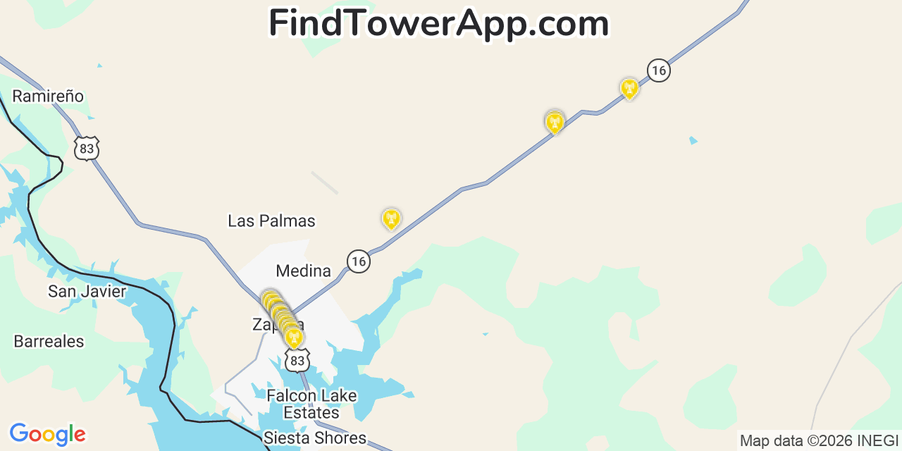 Map showing the 20 primary cell tower locations detected in Zapata, Texas from AT&T, Verizon, and T-Mobile networks