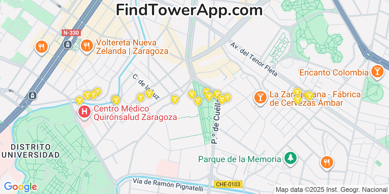 Map showing the 20 primary cell tower locations detected in Zaragoza, Spain with coverage areas and signal strength