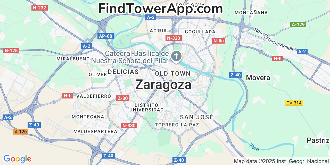 Map showing the 0 primary Yoigo cell tower locations detected in Zaragoza, Spain with coverage radius and signal strength indicators