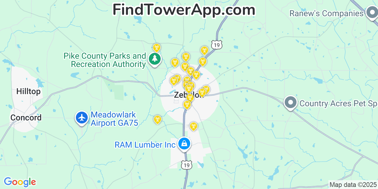 Map showing the 20 primary cell tower locations detected in Zebulon, Georgia from AT&T, Verizon, and T-Mobile networks