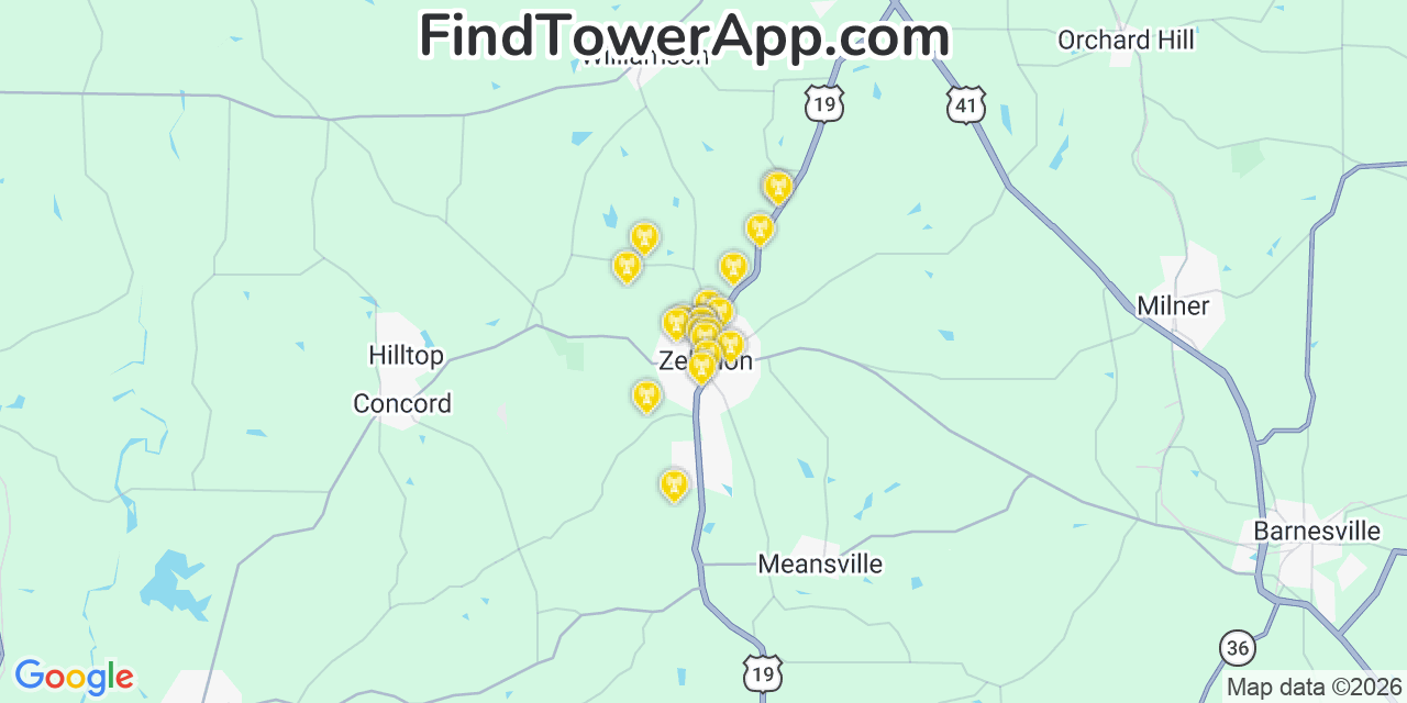 Map showing the 20 primary cell tower locations detected in Zebulon, Georgia from AT&T, Verizon, and T-Mobile networks