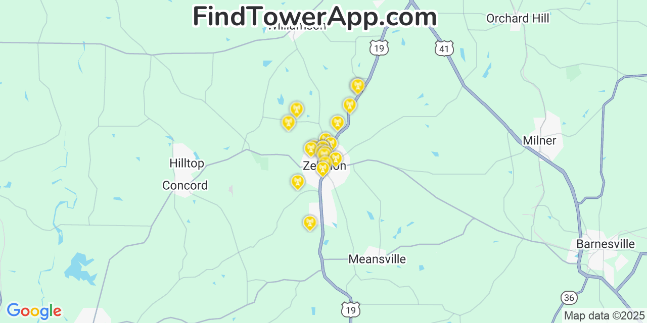 Map showing the 20 primary Mobitel cell tower locations detected in Zebulon, Georgia with coverage radius and signal strength indicators