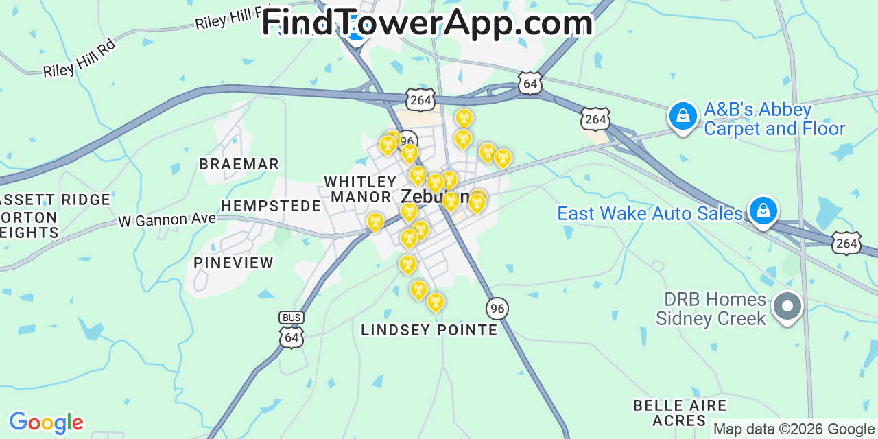 Map showing the 20 primary cell tower locations detected in Zebulon, North Carolina from AT&T, Verizon, and T-Mobile networks