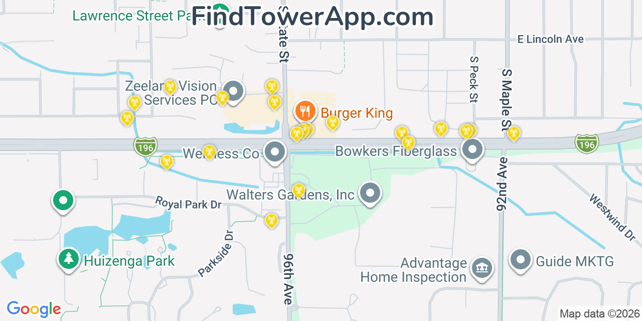 Map showing the 20 primary cell tower locations detected in Zeeland, Michigan from AT&T, Verizon, and T-Mobile networks