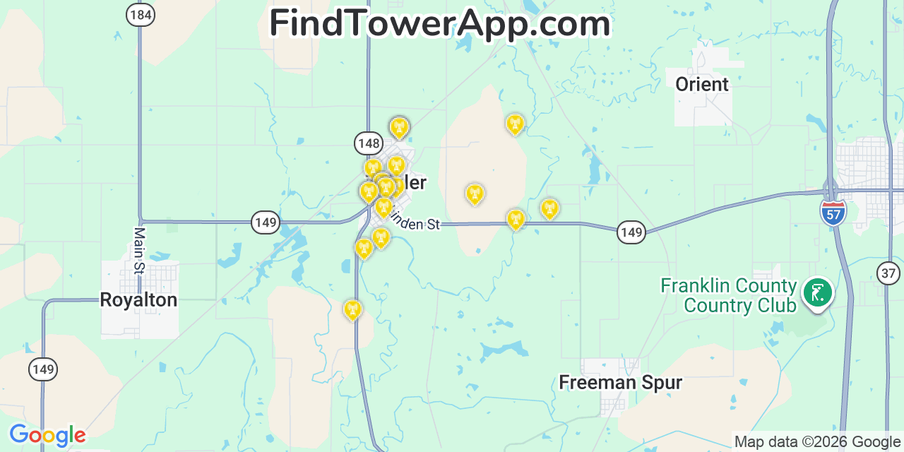 Map showing the 20 primary cell tower locations detected in Zeigler, Illinois from AT&T, Verizon, and T-Mobile networks