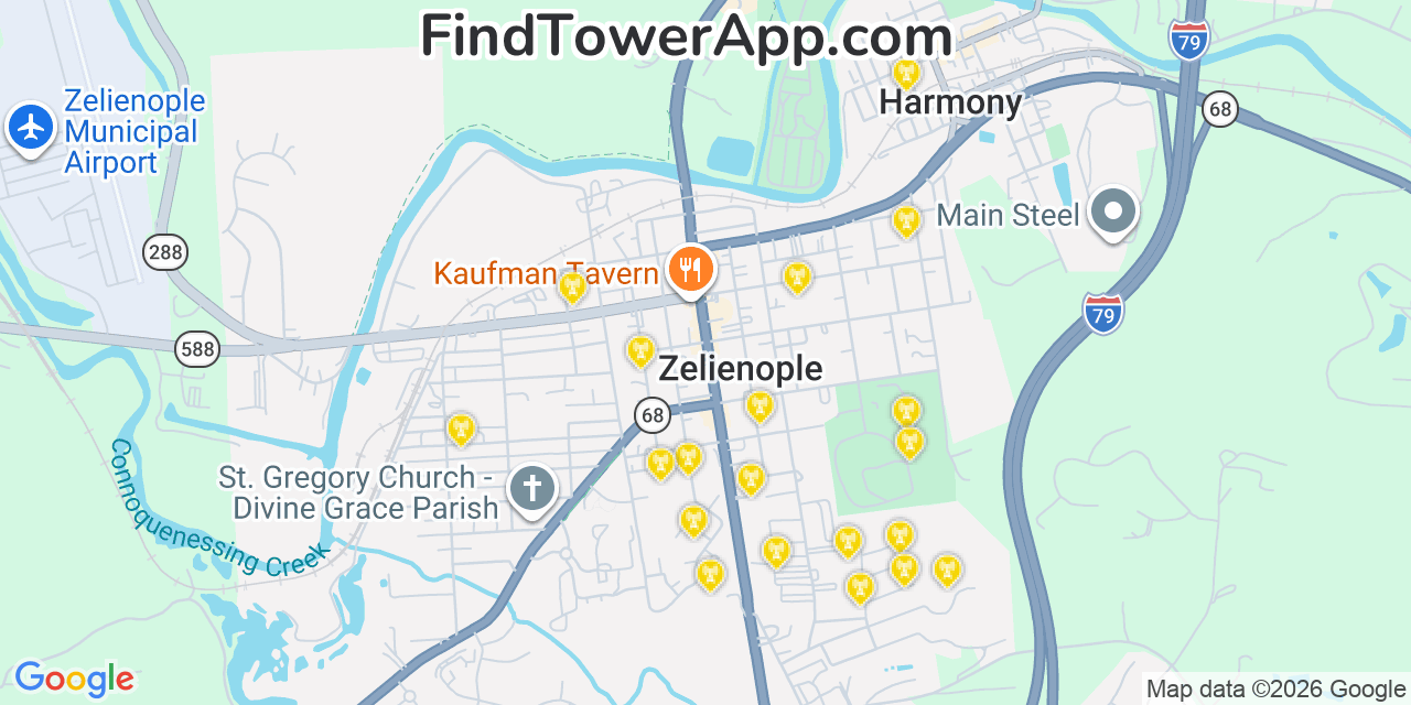 Map showing the 20 primary cell tower locations detected in Zelienople, Pennsylvania from AT&T, Verizon, and T-Mobile networks