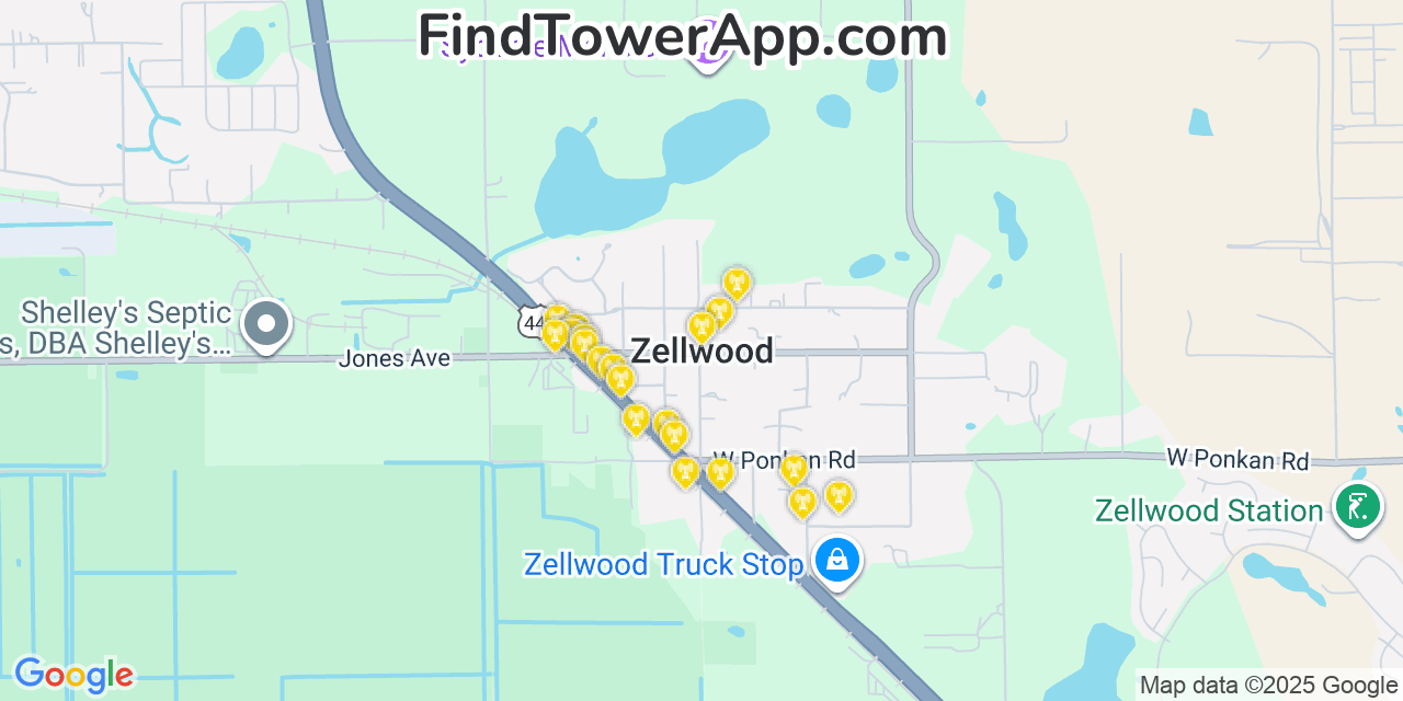 Map showing the 20 primary cell tower locations detected in Zellwood, Florida from AT&T, Verizon, and T-Mobile networks