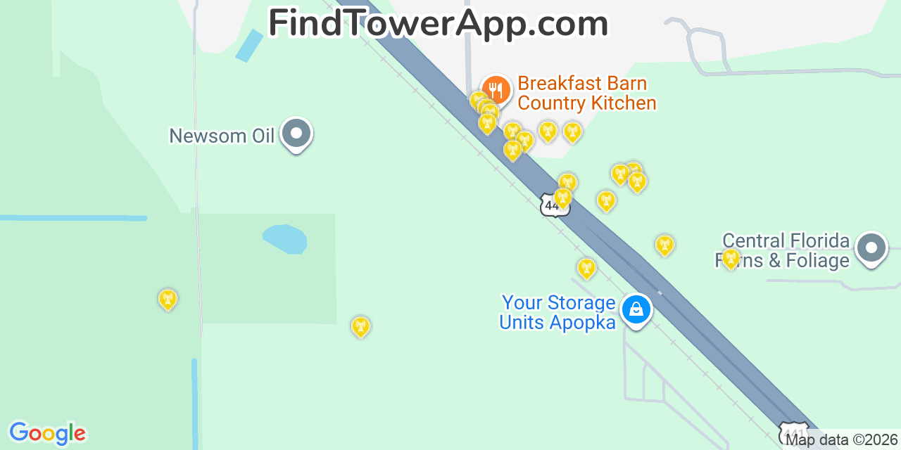 Map showing the 20 primary cell tower locations detected in Zellwood, Florida from AT&T, Verizon, and T-Mobile networks