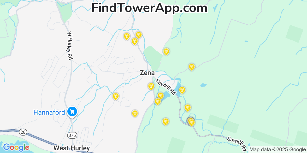 Map showing the 20 primary cell tower locations detected in Zena, New York from AT&T, Verizon, and T-Mobile networks