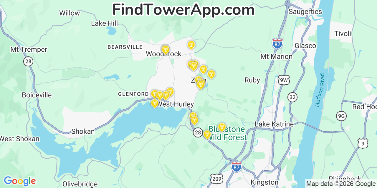 Map showing the 20 primary cell tower locations detected in Zena, New York from AT&T, Verizon, and T-Mobile networks