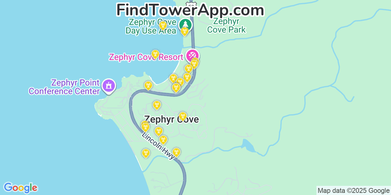 Map showing the 20 primary AT&T cell tower locations detected in Zephyr Cove, Nevada with coverage radius and signal strength indicators