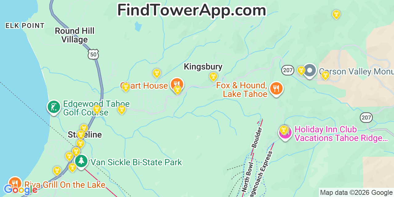 Map showing the 20 primary cell tower locations detected in Zephyr Cove, Nevada from AT&T, Verizon, and T-Mobile networks