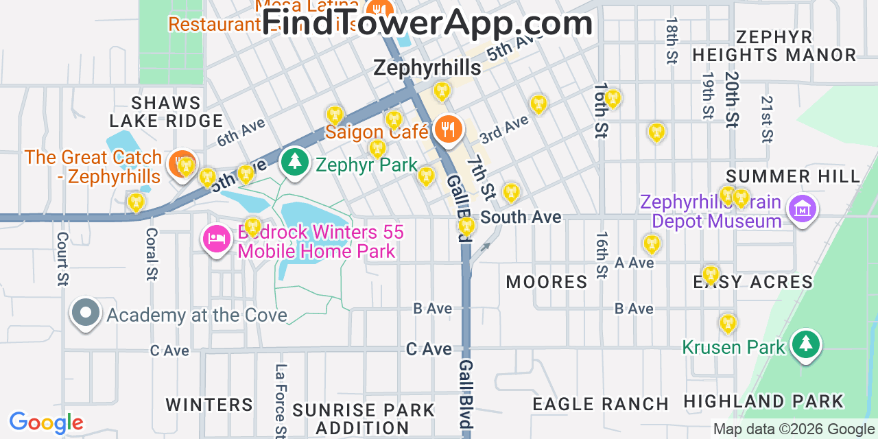 Map showing the 20 primary cell tower locations detected in Zephyrhills, Florida from AT&T, Verizon, and T-Mobile networks